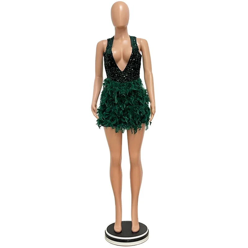 

Sexy Deep V-neck Backless Sequied Feathers Mini Sequined Party Dress