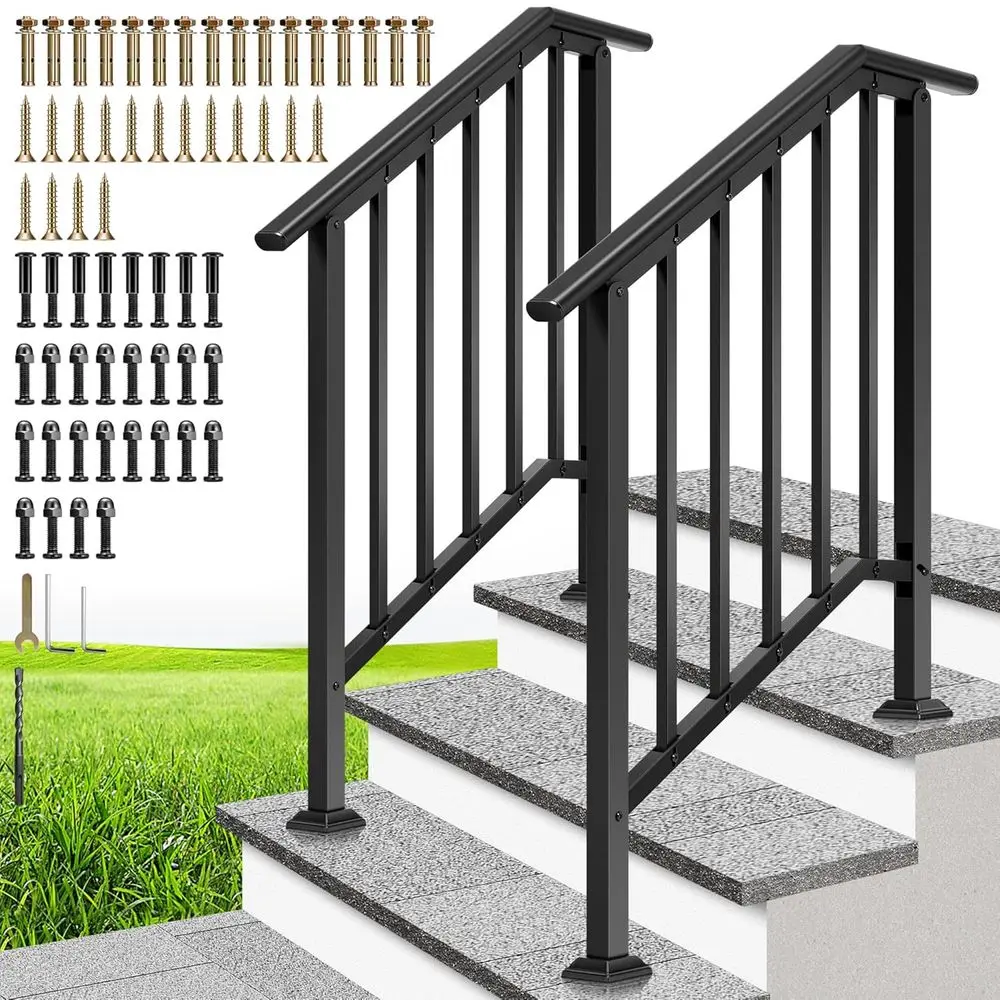3 Step Galvanized Steel Hand Rails - Black Oval Balusters for Outdoor Steps, Porch, Deck, Indoor Stairs with Kit
