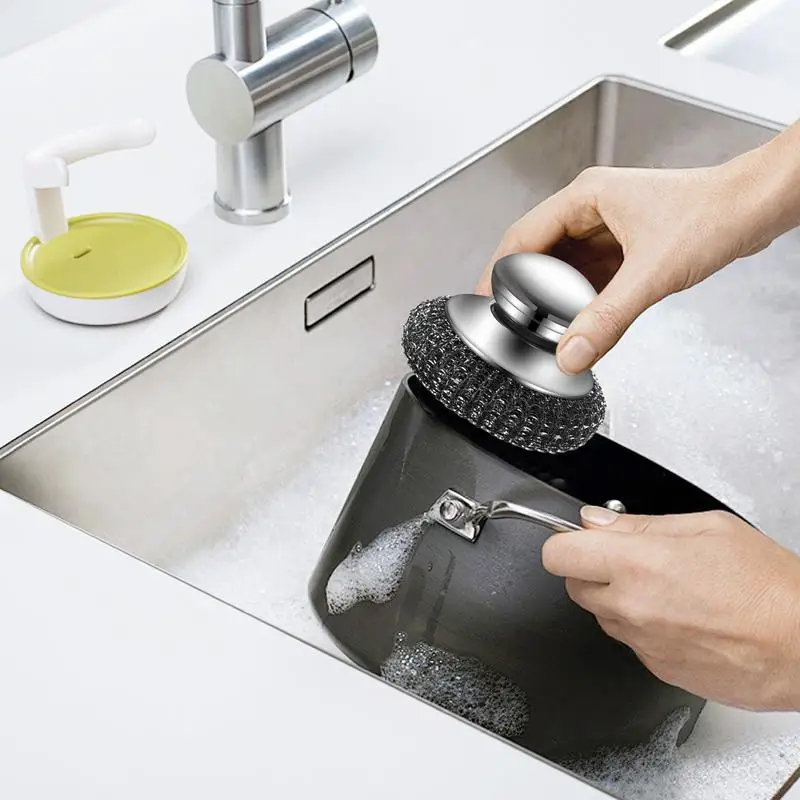 Peladores de acero inoxidable con mango, cepillo de lana resistente, cepillo de limpieza de cocina, lavado para platos, cubiertos, sartén, grifo de fregadero