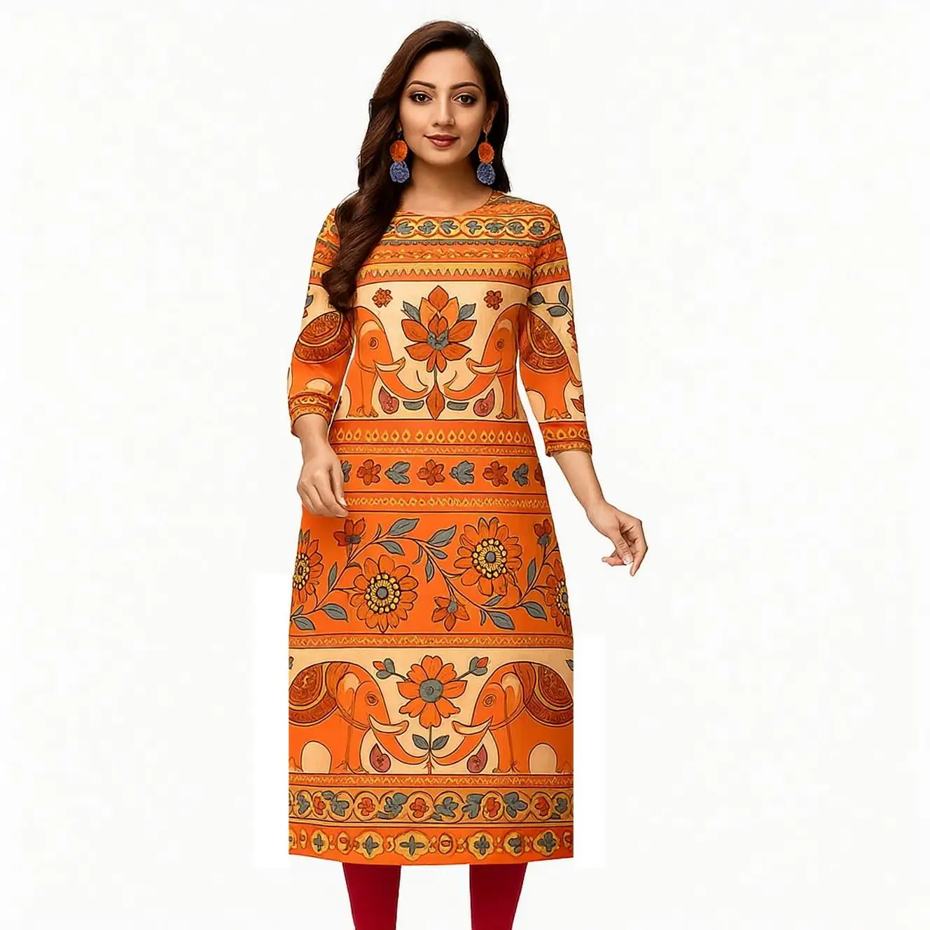 Kurt Women's fashionable and comfortable Kurt dress long sleeved straight tube casual ethnic round neck regular size new item