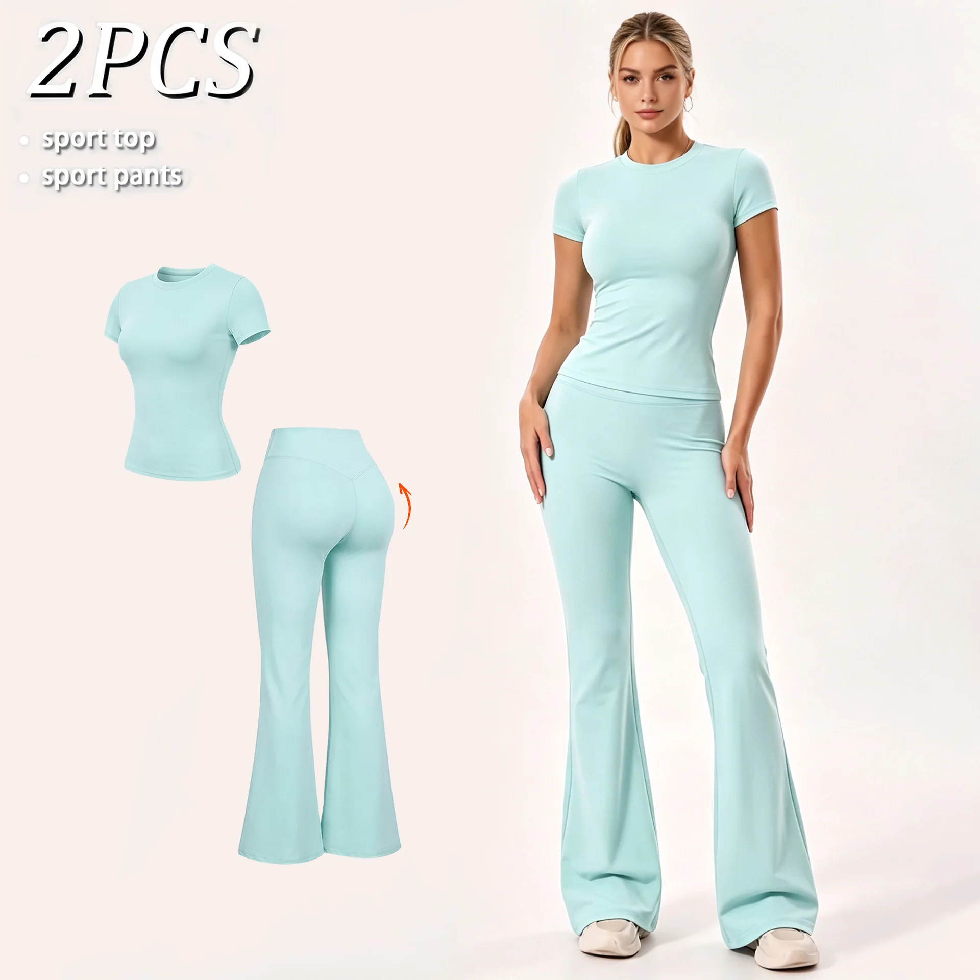 Women's Yoga Set 2PCS Workout Set Sportswear Women Slim Fit Short Sleeve Tee High Rise Flared Leggings Sport Gym Two Piece Set