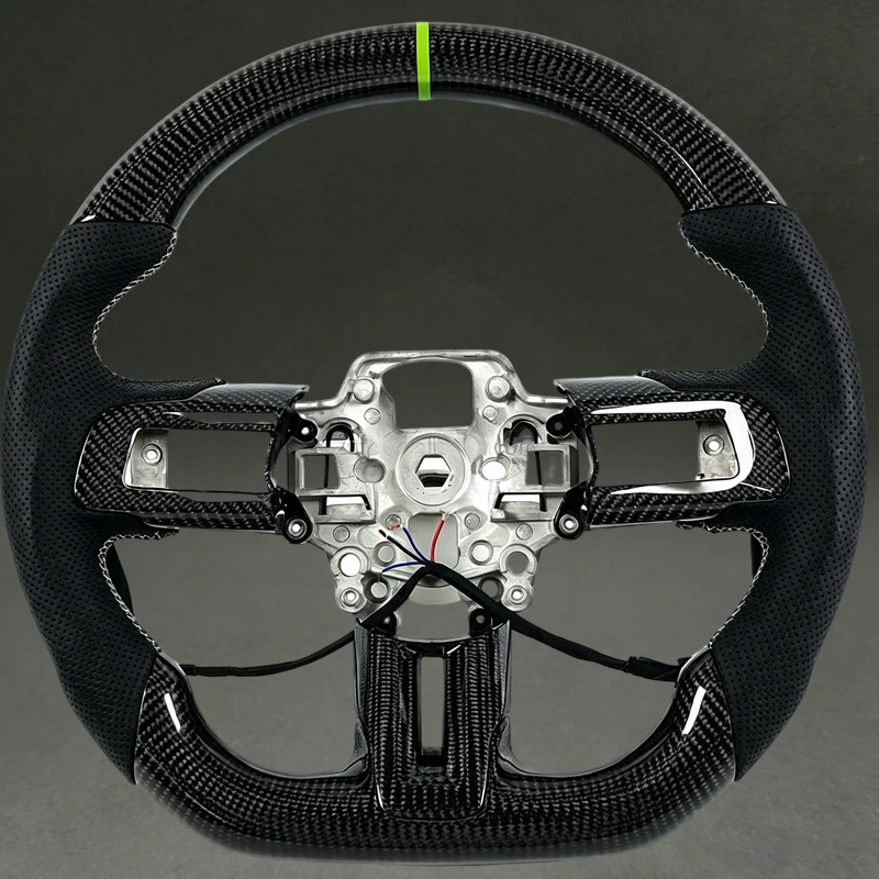 

For Mustang Real Black Carbon Fiber Steering Wheel with Green Center Line for Ford Mustang 2015-2023 with Perforated Leather