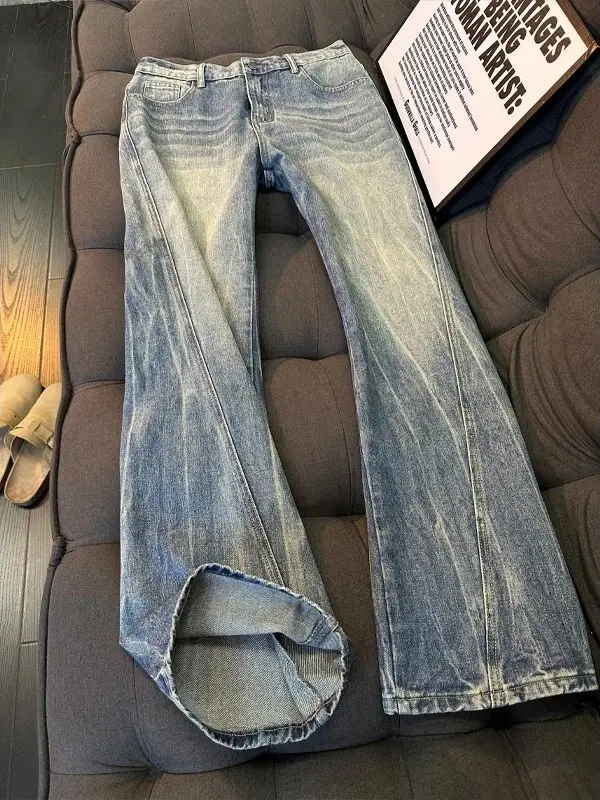 

American Vibe Lightning Pattern Diagonal Cut Men's Jeans High Street CleanFit Straight Knife Flared Pants Casual Wear