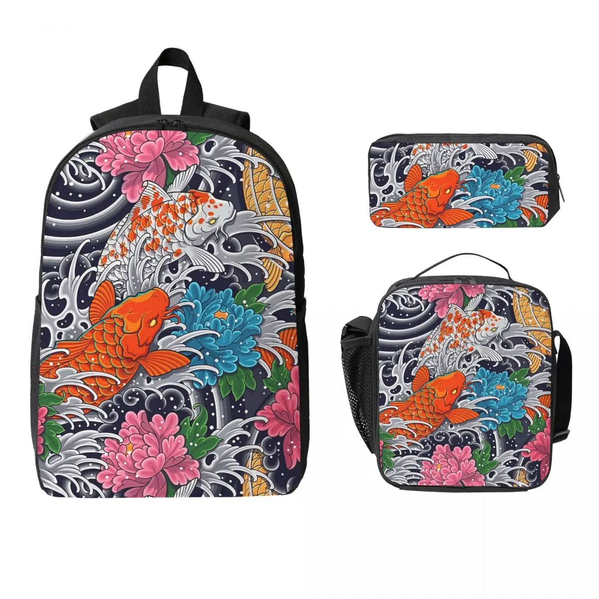 

Koi Fish And Floral Pattern Backpack Student Boys Girls BookBag School Bag Shoulder Bags 3ps Insulated Lunch Bag Pencil Case