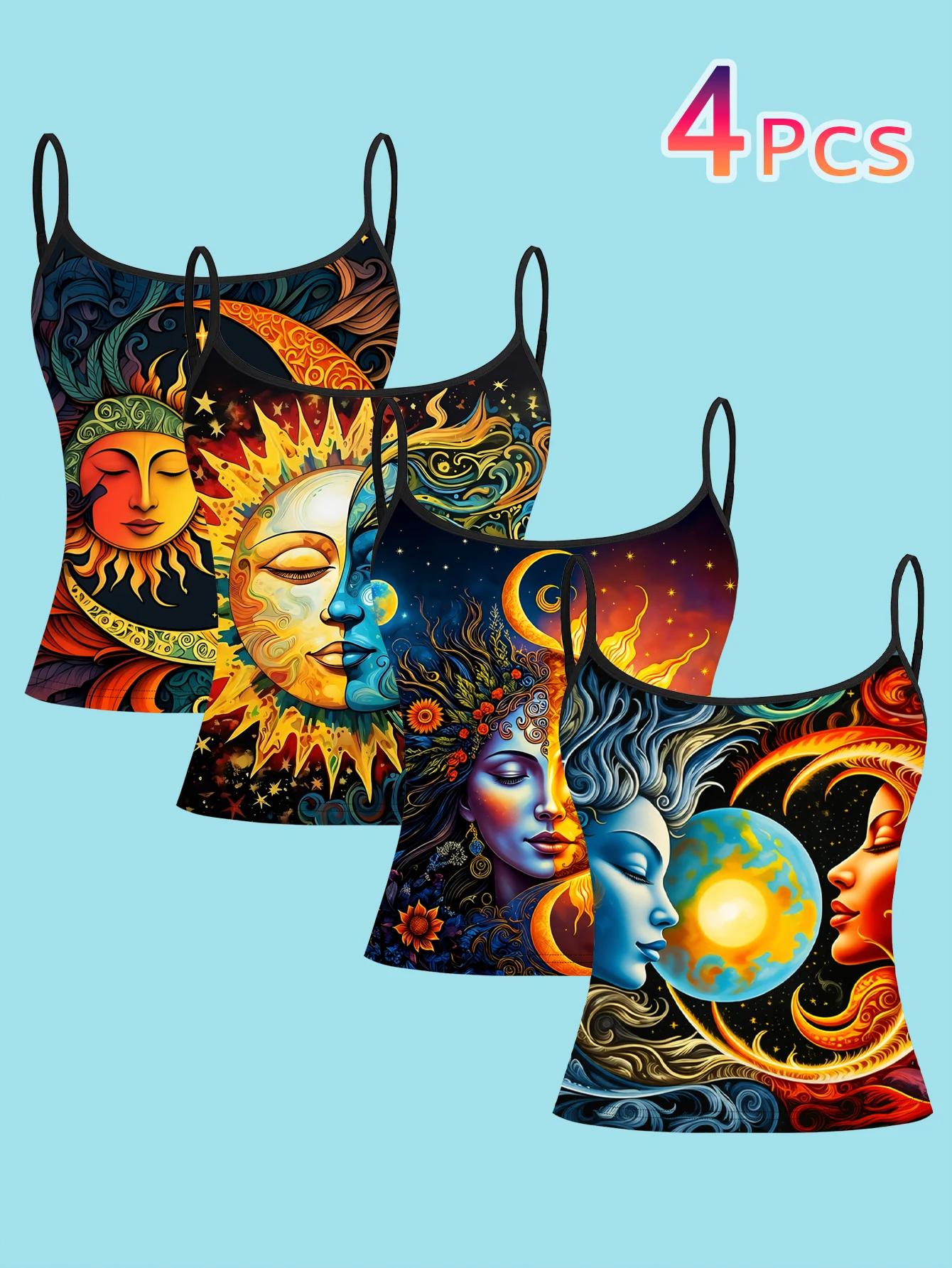 4-Piece Set of Celestial Goddess Sun and Moon Face Print Camisoles, Bohemian Starry Sky Art Spaghetti Strap Sleeveless Tops, Vintage Mysterious Astrology Style Slim-Fit Inner and Outer Wear Vest Set
