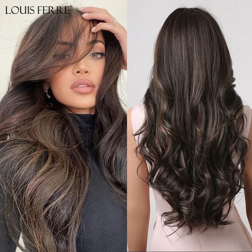 Long Brown Highlights Synthetic Wigs for Black Women Wavy Curly Natural Wigs Middle Part Heat Resistant Fiber Wigs for Daily Use