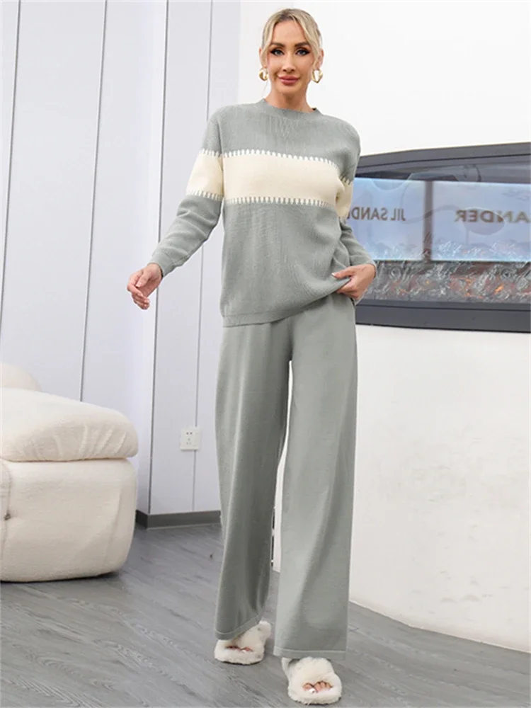 Women Sweater Winter 2 Piece Sets Elegnat Knitted Suits Female Sweaters Vintage Womens Pants High Waist Autumn Vintage Vestidos