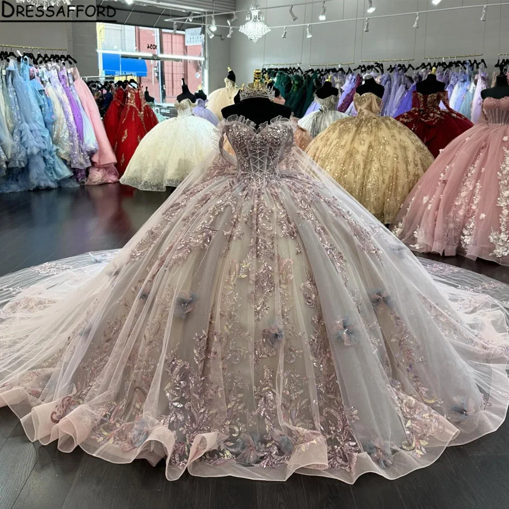 Pink Ball Gown Quinceanera Dresses 15 Party High Quality 3D Flower Lace Cinderella Princess Birthday Gowns With Cape