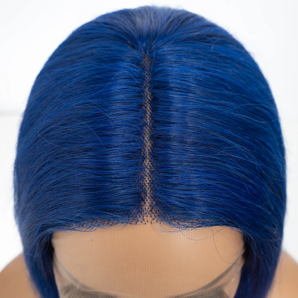 شعر مستعار ليكر-دانتيل أمامي من الشعر البشري للنساء ، بوب مستقيم قصير ، شعر ريمي برازيلي ، دانتيل عالي الدقة بدون لاصق ملون ، أزرق فاتح ، 13x6x1