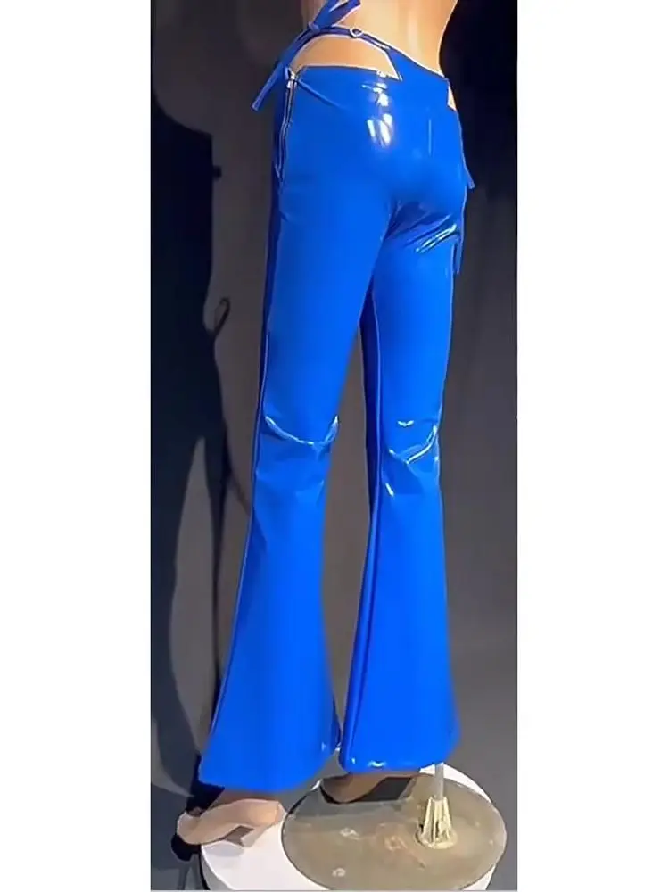 S-3XL Fake Two Piece Wet Look PVC Flare Pants Low Waist Shiny PU Leather Trousers Tight Pantalon Spodnie Performance Leggings