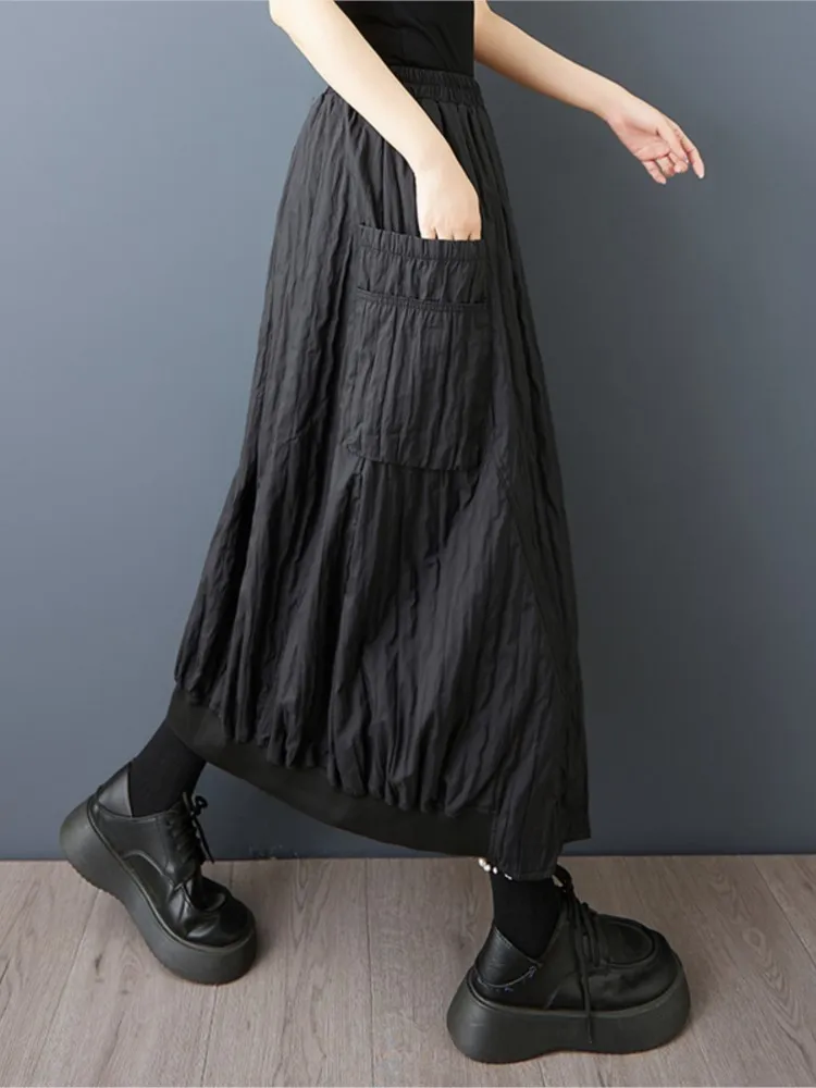 오버사이즈 가을 스커트 여성용 불규칙한 스플릿 루즈 플리츠 패션 엘라스틱 하이웨이스트 여성 스커트 캐주얼 롱 스커트