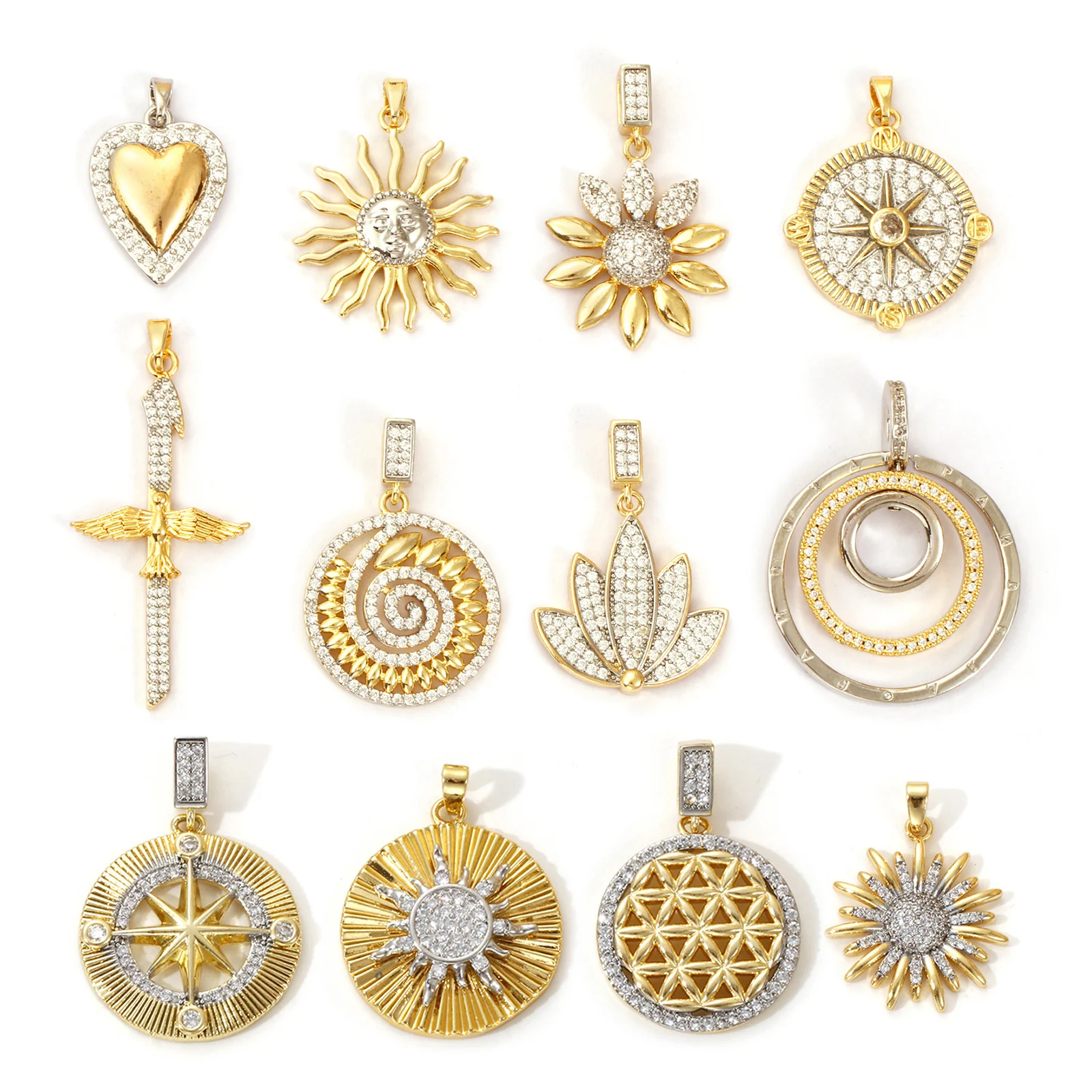 1PC Brass Sunflower Pendants Star Micro Pave Clear Cubic Zirconia Corss Heart Charms For Jewelry Making Necklace DIY Findings