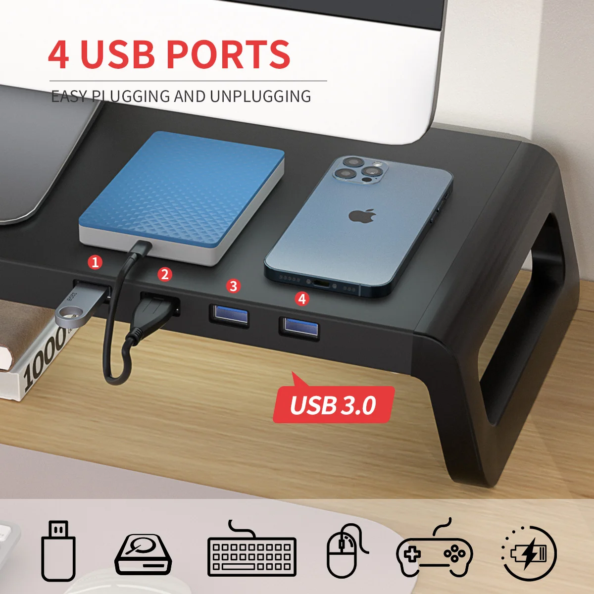 PC 모니터 스탠드 라이저, USB 3.0 허브 포함, 알루미늄 합금 데스크탑 지지대 모니터, 키보드 마우스 정리함 조립 도구 포함 