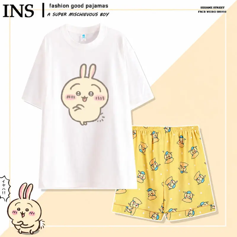 New Y2K Cute Arrival Anime Chiikawa Pajama Setusagi Round Neck Tops Pants Cartoon Homewear Outfit Casual Household Clothes Set