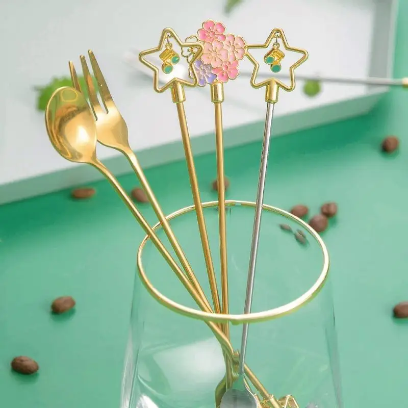 1 Pcs Cherry Blossom Spoon Fork Stainless Steel Coffee Spoon Kitchen Star Long Handle Stirring Spoons Kitchen Coffee Tableware