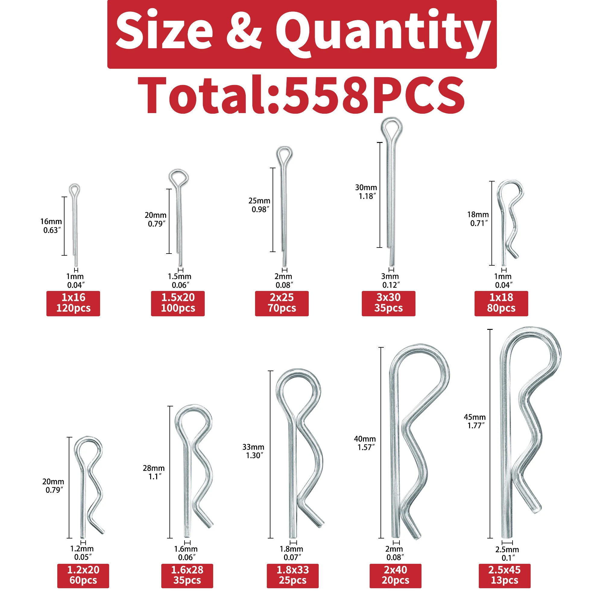 558pcs Cotter pins Assortment kit, Zinc Plated Steel Cotter Pin Hair Pin Hitch Pin Clips Fastener Fitting Assortment Kit, Multip