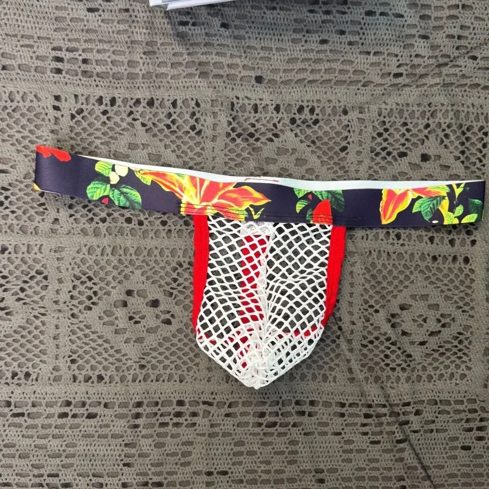 Vacation Style Bohemian Flower Men Floral Mesh Thongs Underpants Transparent Men's Panties Low Waist Lingerie Male Briefs Men