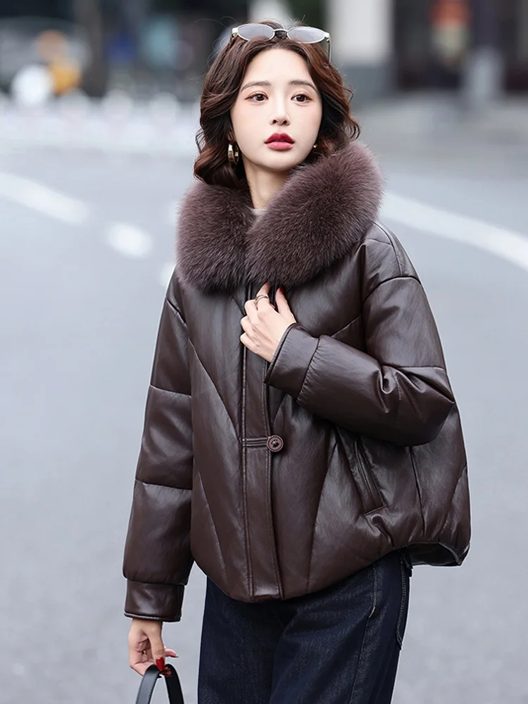 

Fashionable Short Genuine Leather down Jacket Women's Coat Fur Collar Hangzhou Style Warm Thickened Casual Zipper Design