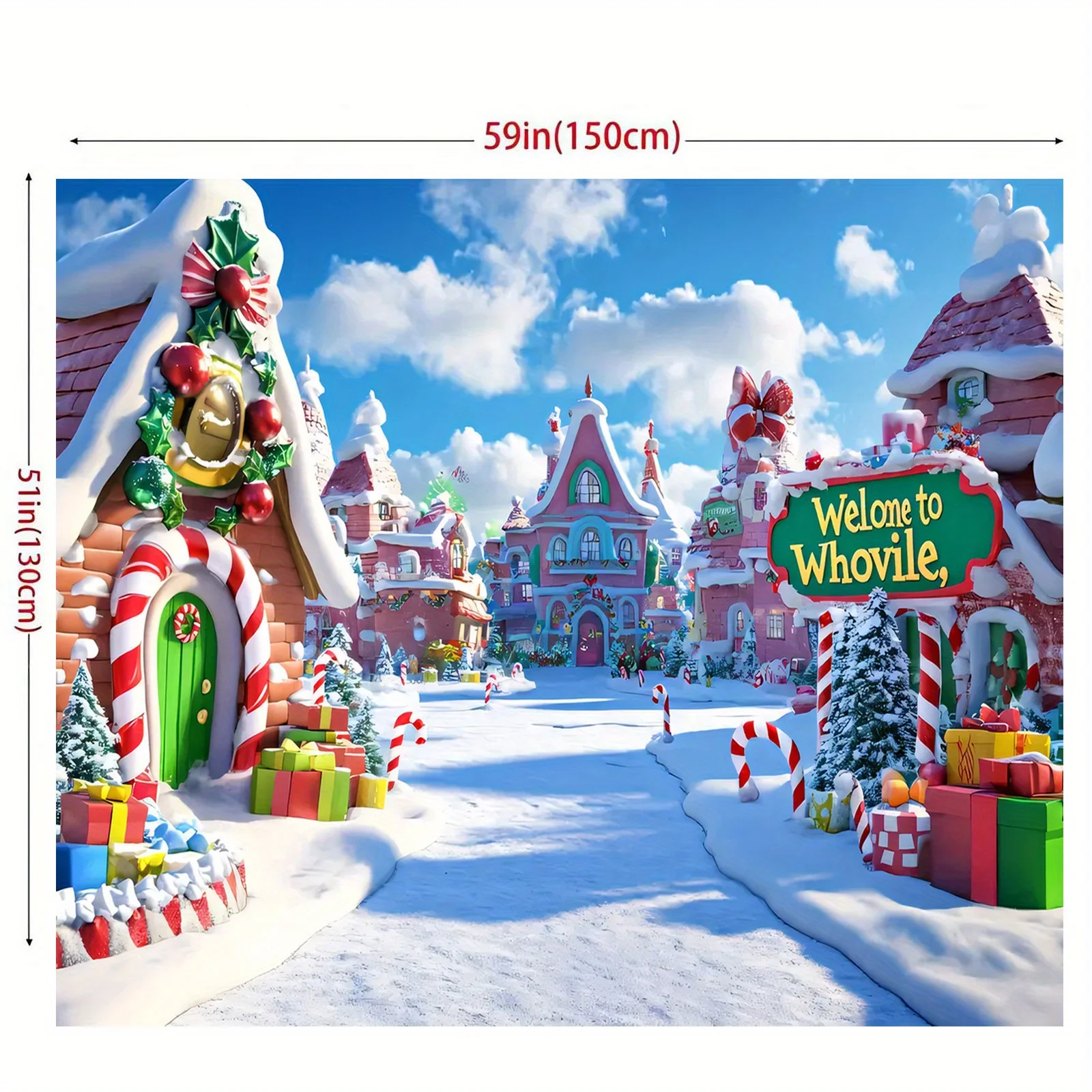 قطعة مسطحة 2D من خلفية بوليستر لمناظر قرية عيد الميلاد Whoville، مناسبة لتزيين الحفلات الاحتفالية