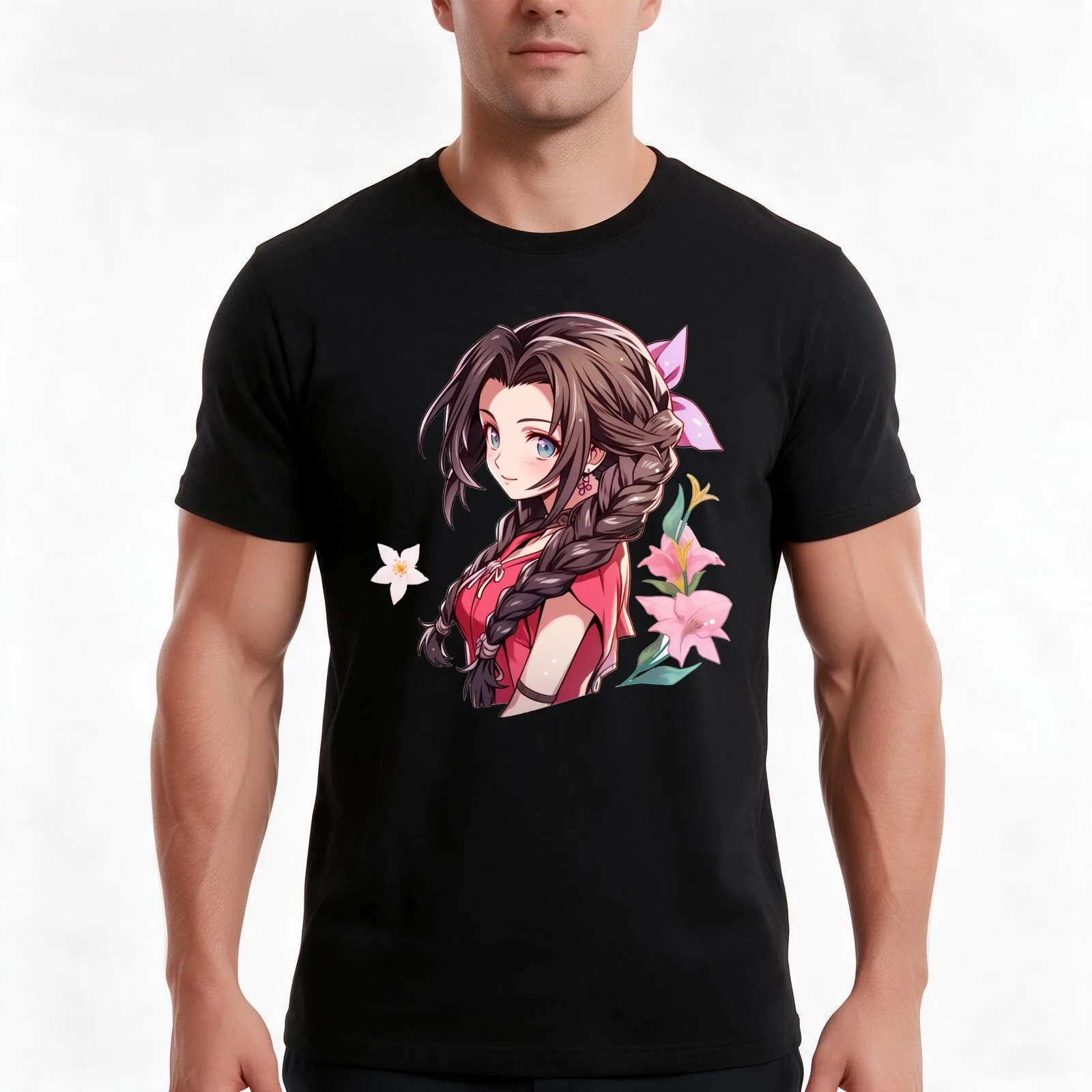 Aerith T-Shirt, Summer Casual Cotton Tee, Oversized Streetwear Tops, Vintage Graphic Print, Loose Fit Short Sleeve, 100% Cotton