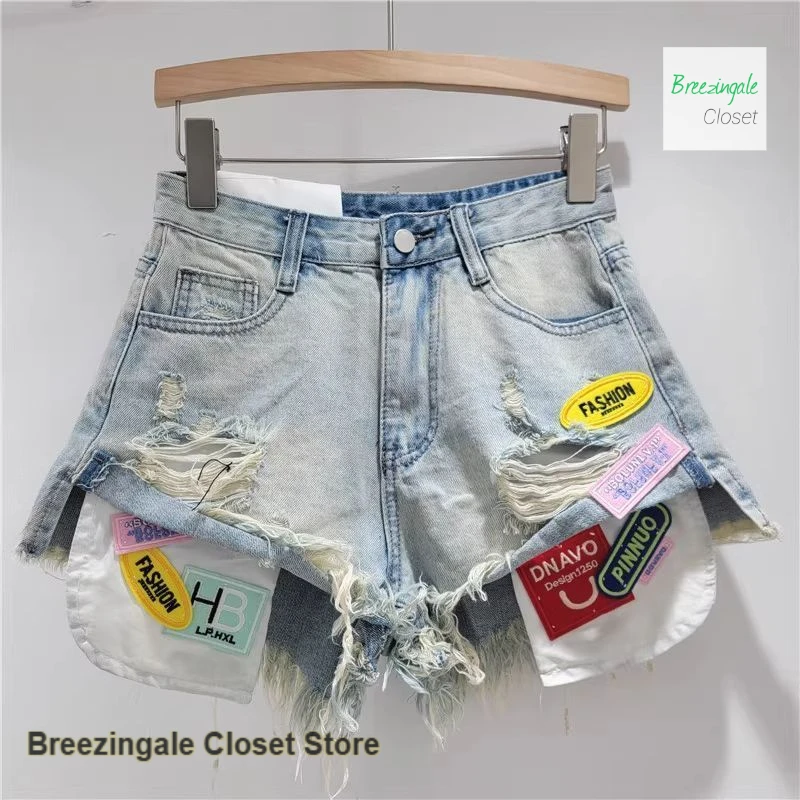 

French heavy industry high waist patch denim shorts women's new spring high waist and wide legs short hot pants with holes.