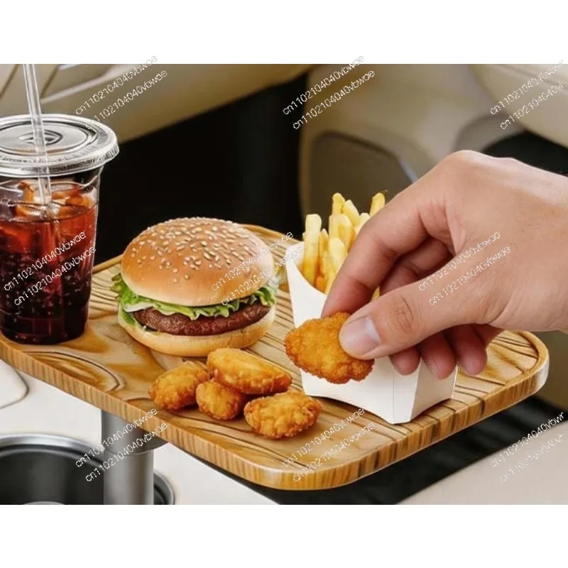 Wood grain square car cup holder, small dining table, rotatable car armrest box, dining plate, beverage plate in the car