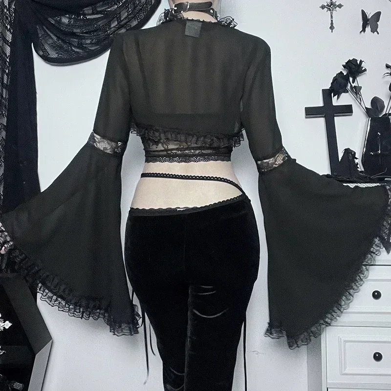 Woman Gothic Harajuku Street Mesh Print Sling Black Dresses Velvet Lace Corset Bandage Midi Dress Club Party Summer 2023