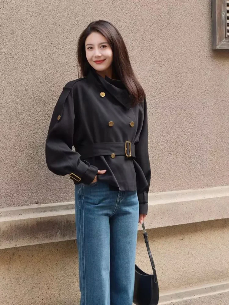 Black Stand Collar Short Trench Coat Gold Double Breasted Belted Jacket Women Casual Daily Commute Outerwear Fall New Arrival