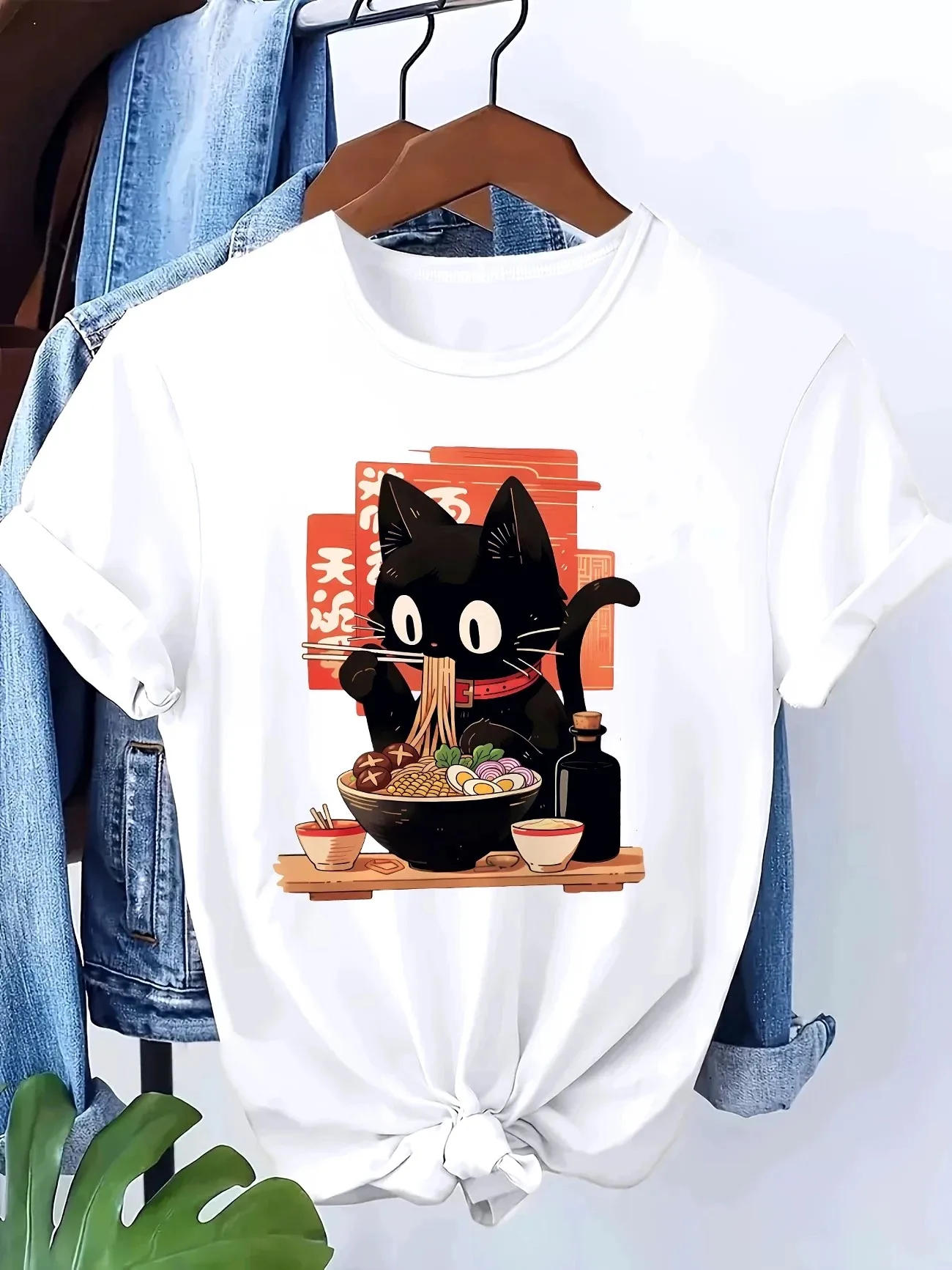 Kawaii Japanese Black Cat Eating Ramen Graphic T Shirt Men Women Summer Short Sleeve Casual Anime Foodie Harajuku Tee Tops