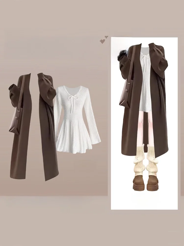 

Autumn Winter Korean Sle Women's Sweater Coat Midi Length Knitted Dr Waist Inward Casual Faion Set V-Ne Long Sve