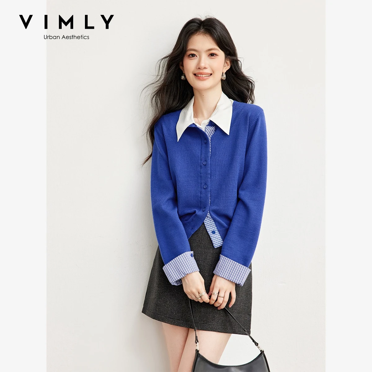 VIMLY Klein Blue Knit Cardigan Women Fall Elegant Fake Two Piece Plaid Splicing Sweater Round Neck Long Sleeve Top Female 75505