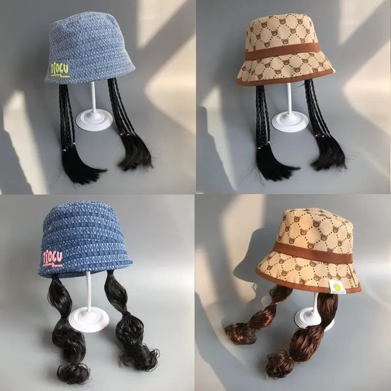 Kids Girls Wig Fishman's Hat Baby Cute Plaid Cartoon Printed Hats Brown Hair Traveling Hats Photograph Clothing Beach Wear Hats