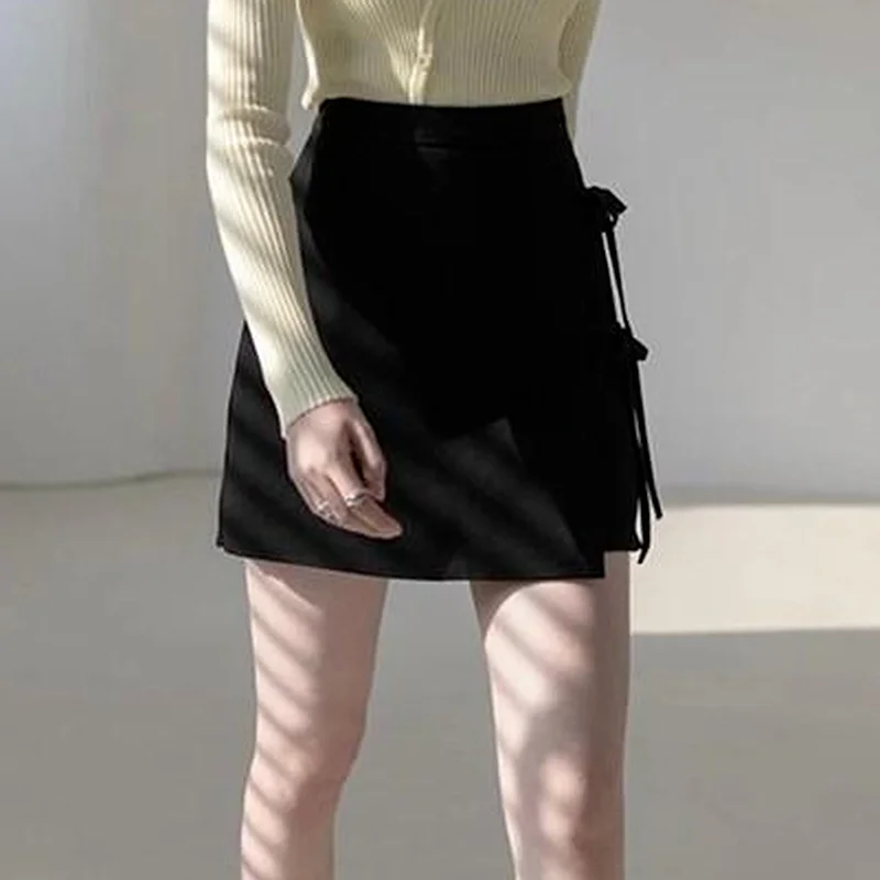 

Mini Skirts Women Design Bandage Summer Fashion Retro Black All-match Leisure Elegant High Waist Students Chic Popular Ulzzang