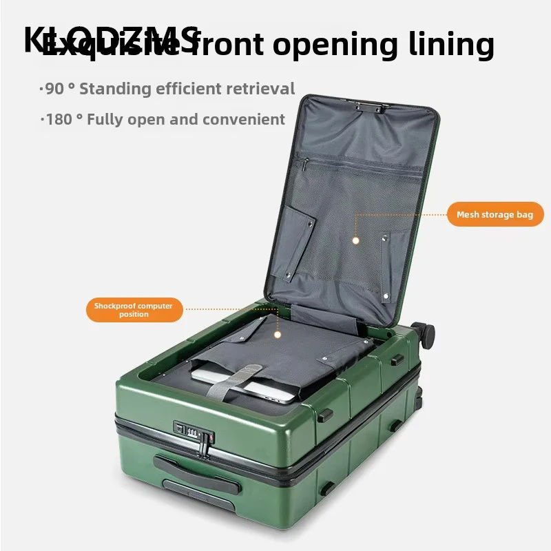 KLQDZMS Laptop Suitcase Front Opening Boarding Case USB Charging Trolley Case 20"24"26 Inch ABS+PC Carry on Travel Luggage