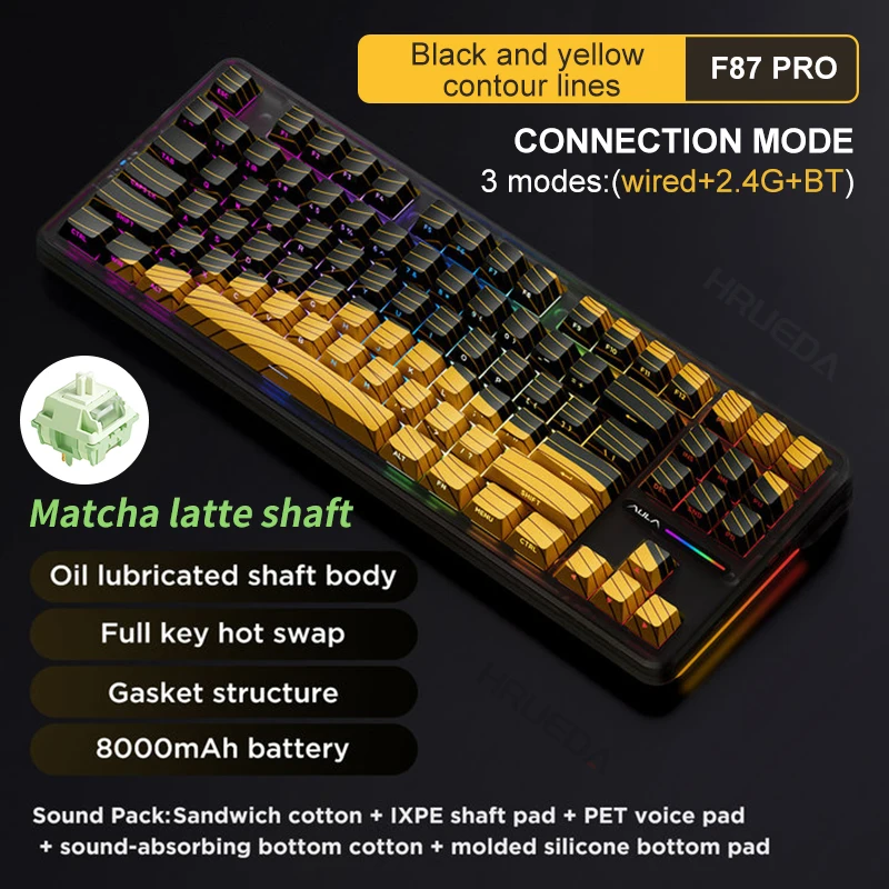 Aula F87 PRO Mekanik Klavye 2.4G/USB/BT Üç Modlu Kablosuz Oyun Klavyesi 87 Tuşlar Çalışırken Değiştirilebilir Anahtar RGB PBT CONTA PC Lap için