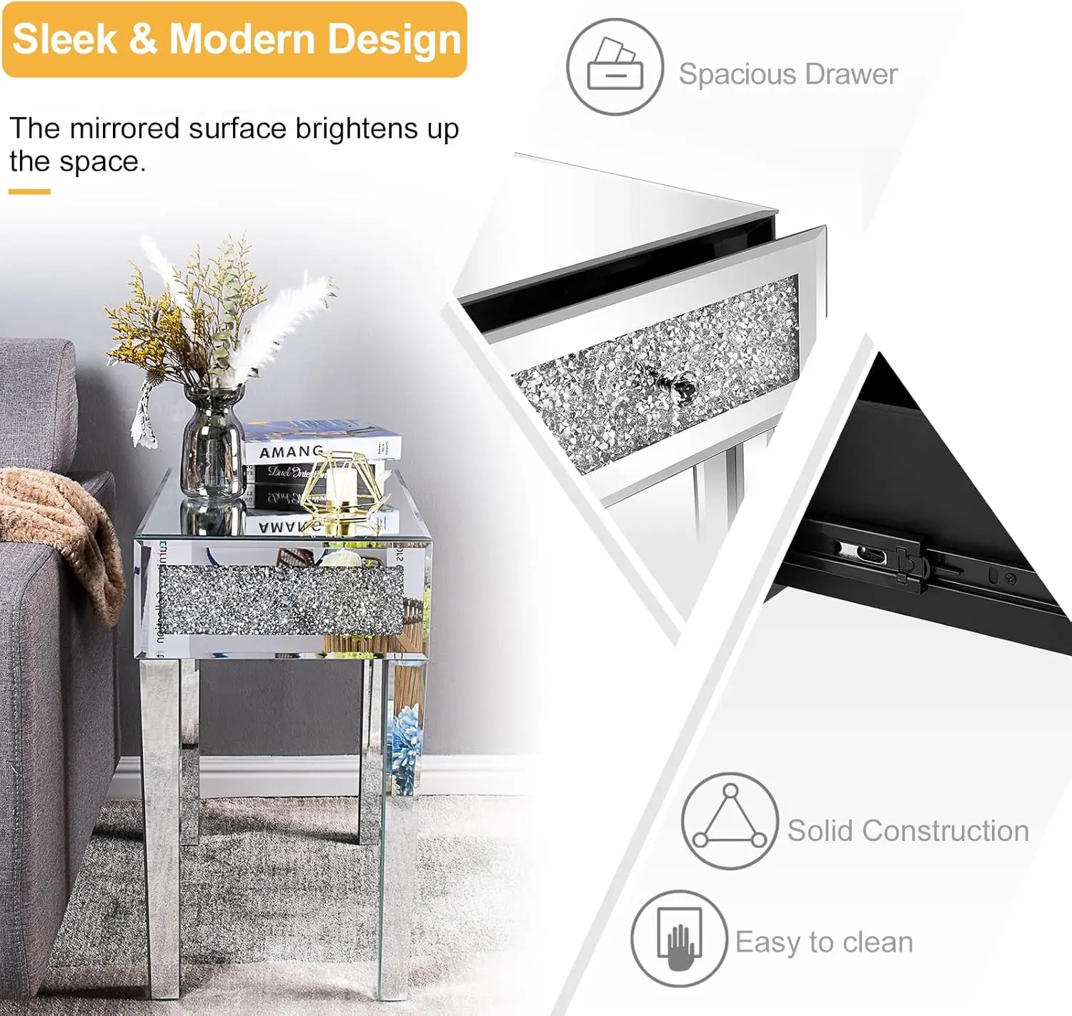 Table de chevet étroite avec miroir, table d'appoint en verre MELGlass, ensemble de 2