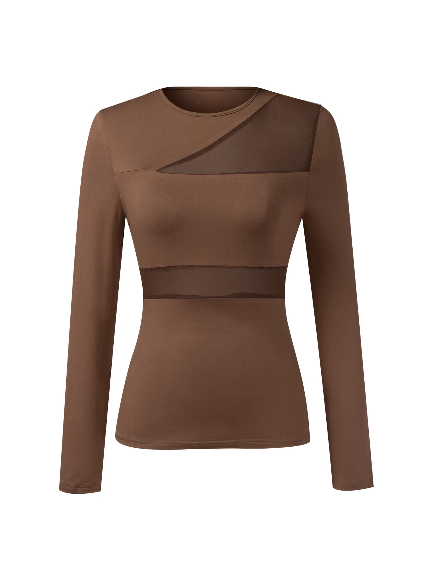 Women`s T-Shirt Long Sleeve Daily Brown Color Block Crop Fitted Crew Neck Stretch Slim Fall Winter 2026 Full Size S-XXL image 4