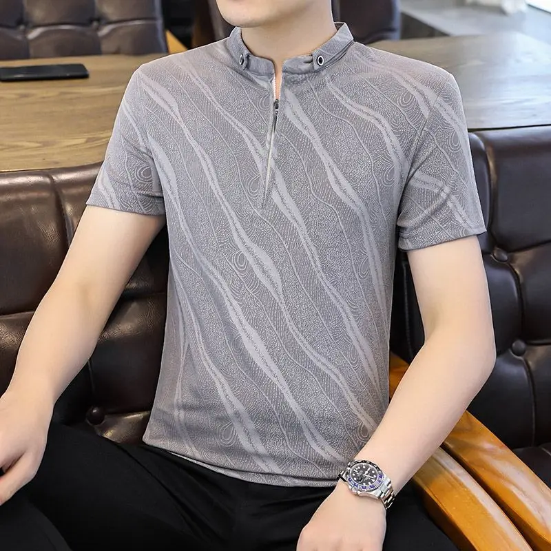 Men's Half Zip Polo Shirt Short Sleeve Jacquard Casual Tee Breathable Summer Slim Fit Pullover Tops