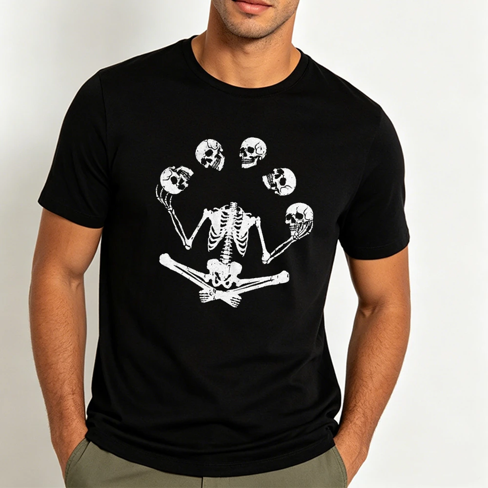 Juggling Skeleton Graphic T Shirt Men Unisex Distressed Skull Print Tee Humor Halloween Novelty Casual Tops Gift