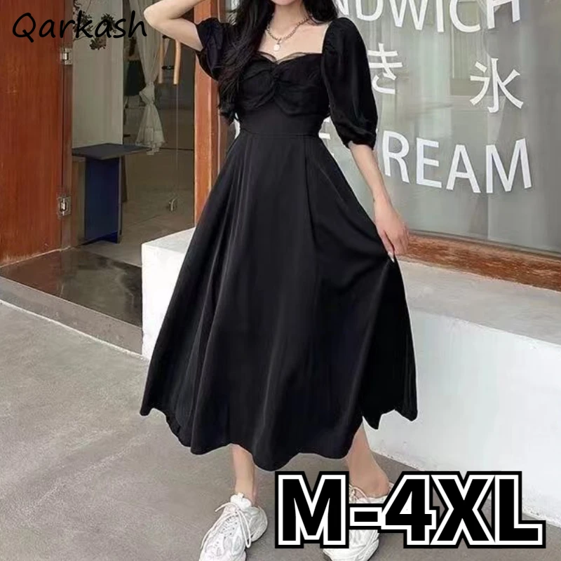 

Puff Sleeve Black Dress Women Midi Temper Summer Lady Vintage Vacation Daily Vestidos Casual Mujer All-match Ulzzang Popular New