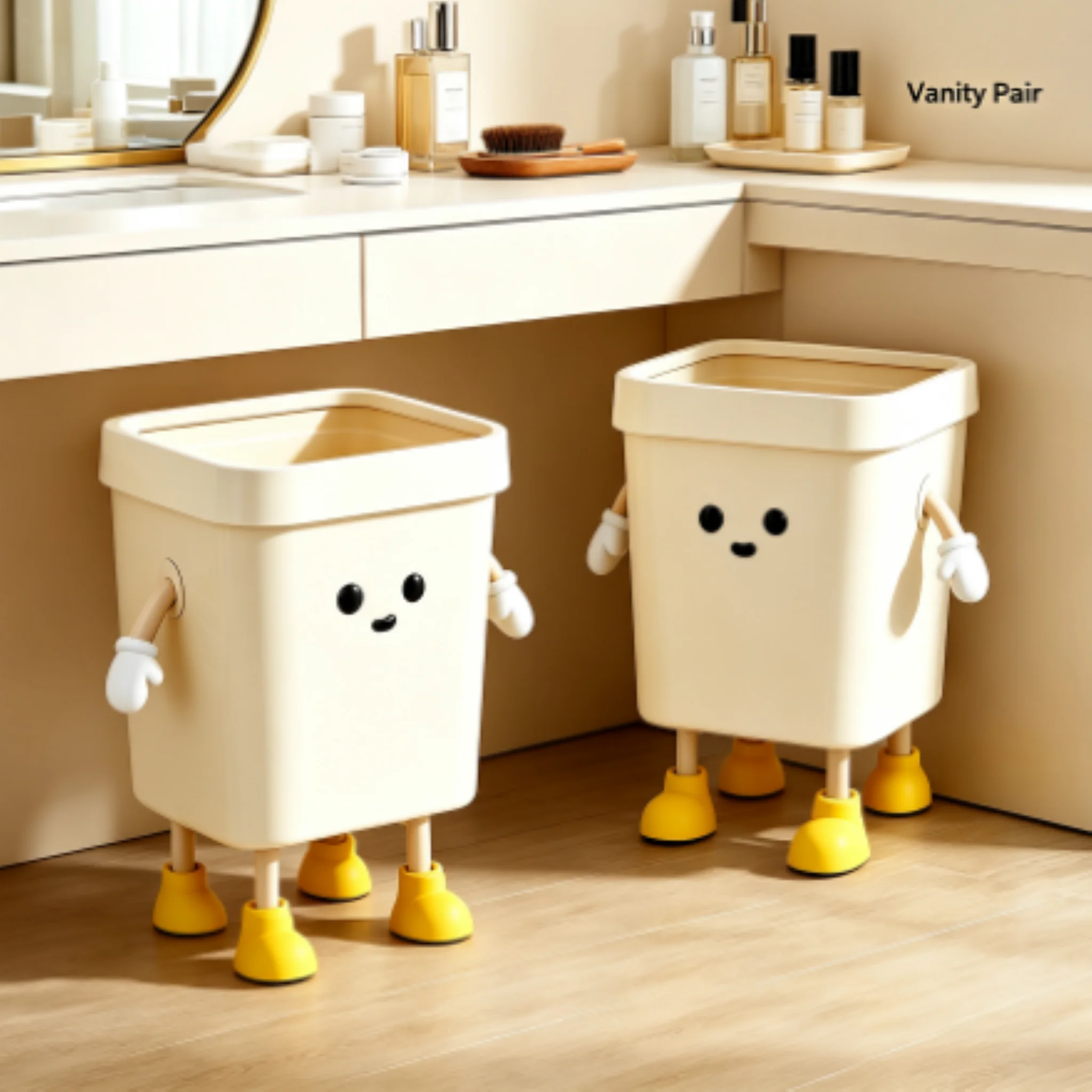 Cute Kawaii Standing Character 16L Waste Bin 2 Pack with Press Ring, Tall Square Trash Container with Funny Arm Decor, Adorable Garbage Can for Home Decor