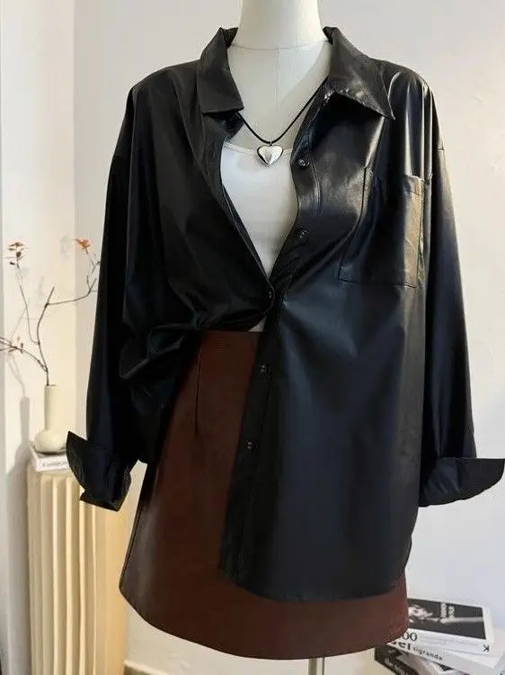 Casual Black PU Leather Jacket Women's Loose Korean Style Retro Hong Kong Style Spring Autumn New Style Button up Shirt Top