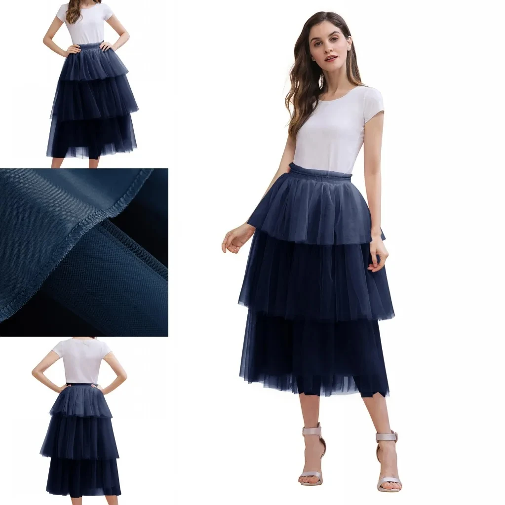 

Long Half Skirts 3 Layer Tulle Tierred Tutu Skirts Elastic High Waist Mid-Calf Petticoat Women Wedding Dress Cosplay Underskirt