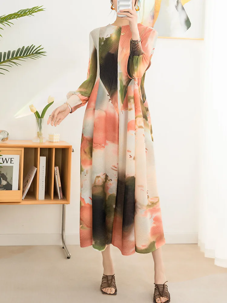 Miyake Dress for Women Autumn 2024 Fashionable Temperament Printed Lantern Sleeves Loose Semi High Neck Long Dress Versatile