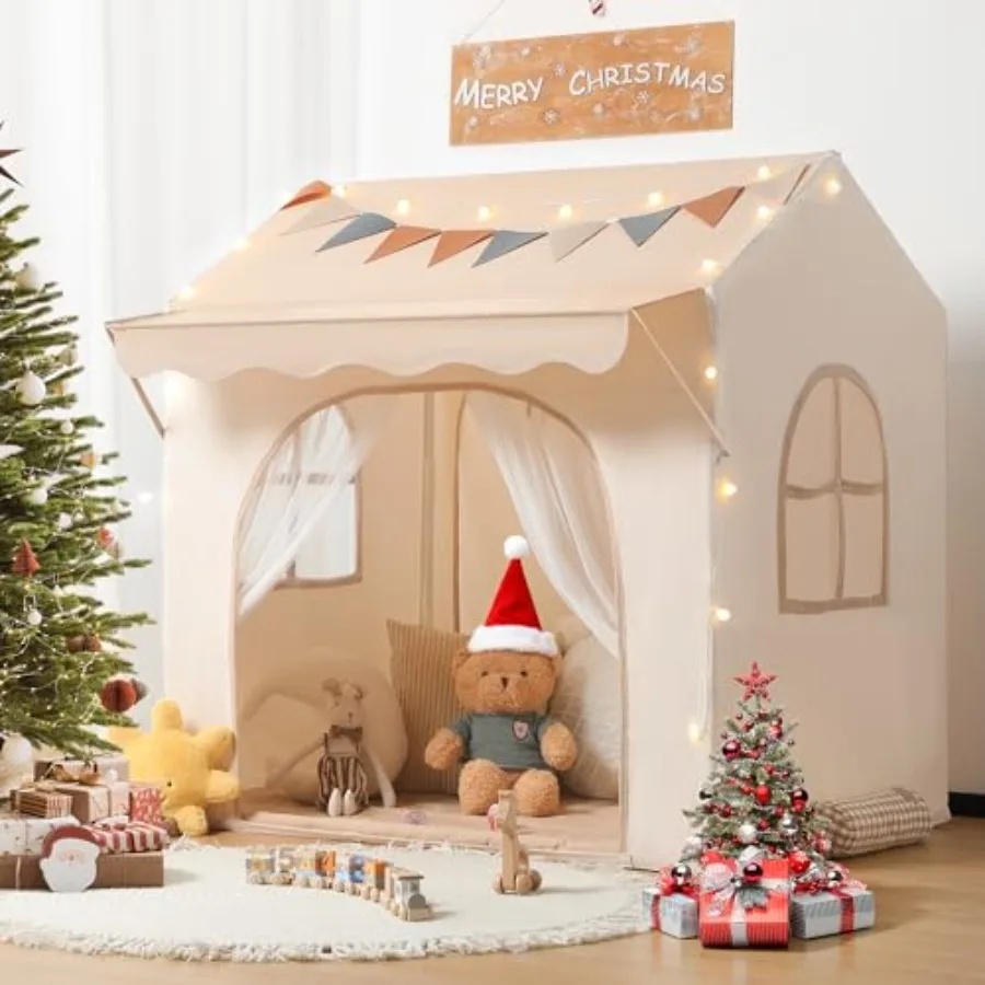 ベスレイ プレイテント エーブ付き幼児用テント 2 in 1 パッド入りマットとライト付き 大型プレイハウス 2つのドアと2つの窓付き 室内/屋外用