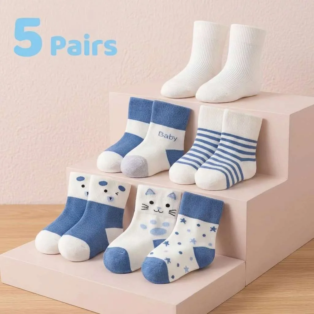 5 Pairs Newborn Baby Socks Blue Bear Mid Calf Soft Cotton Socks for Infant Boys Girls All Season - view 5