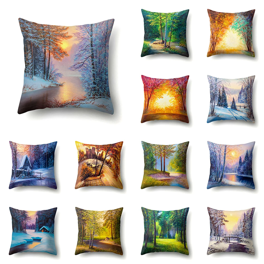 

45x45cm Four Seasons Landscape Pattern Polyester Pillow Case Home Living Room Sofa Decoration Waist