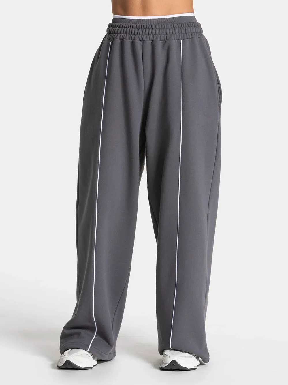 Casual Loose Yoga Pants Women Pure Cotton Mid Waist Wide Leg Joggers Running Trouser Contrastline Back Pocket