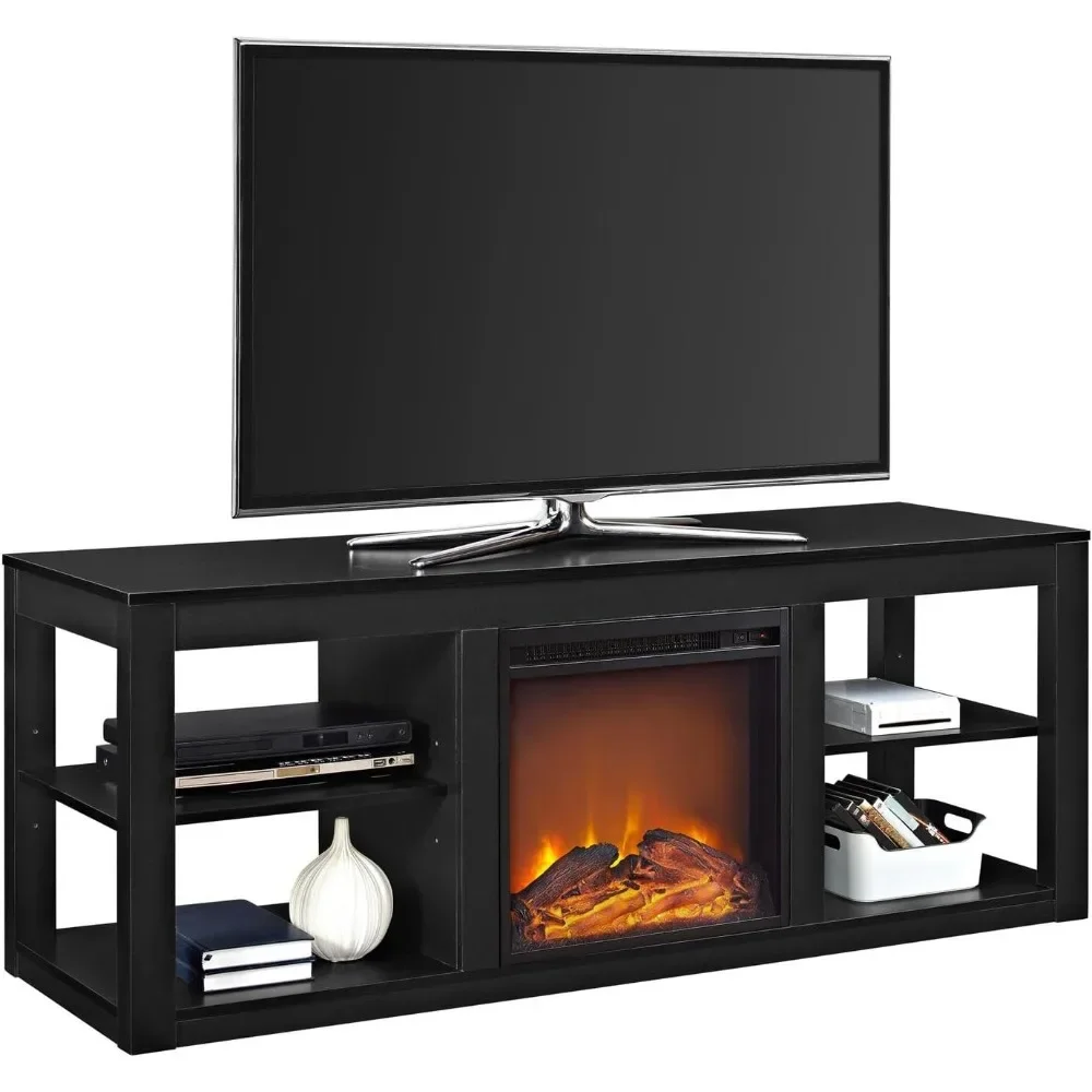 Black TV Stand com lareira, lareira elétrica doméstica, decoração, 65"