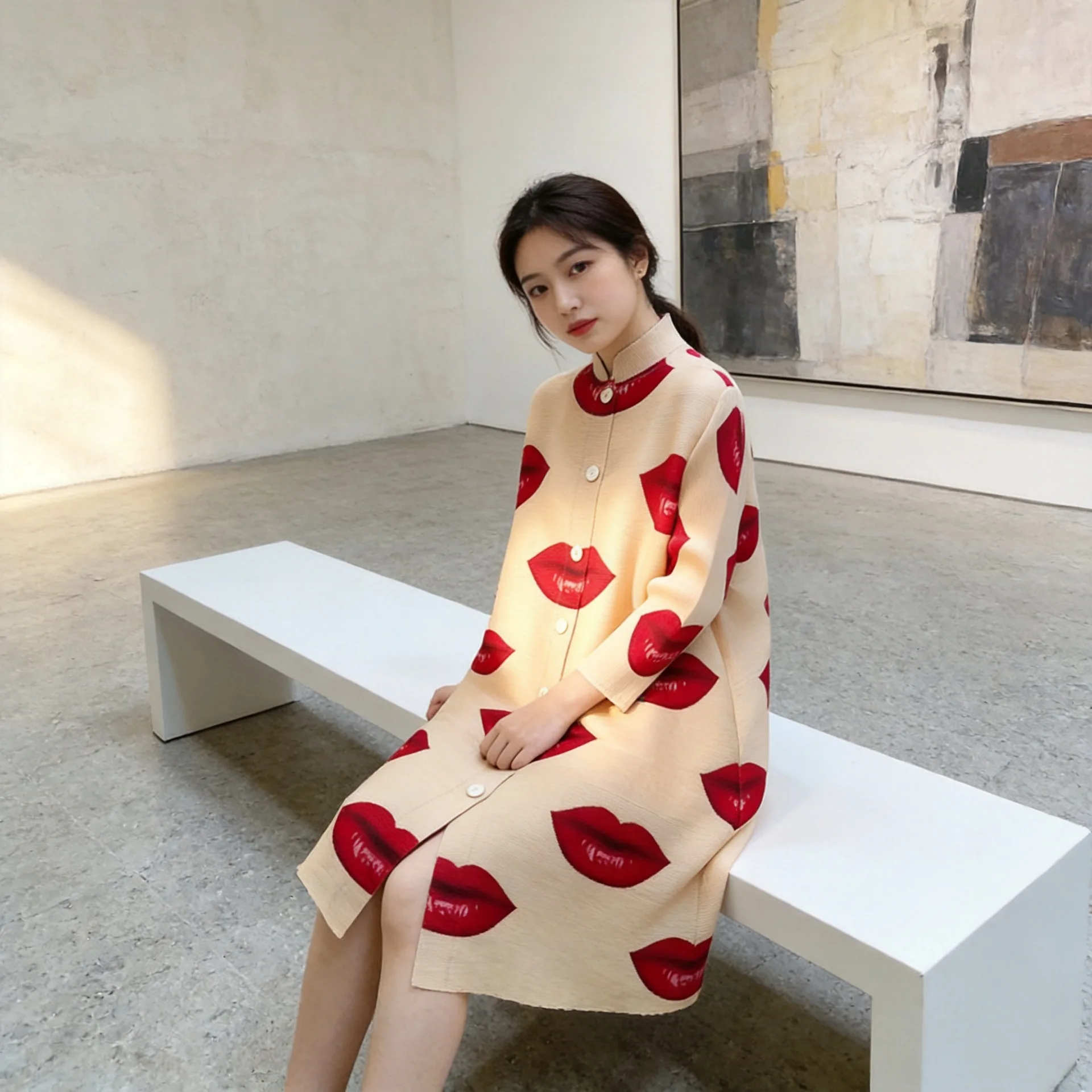 YUDX Miyake Pleated Button Women's Oversized Jacket Dress Spring Summer New Loose Sexy Red Lips Printed Designer Causal Clothing